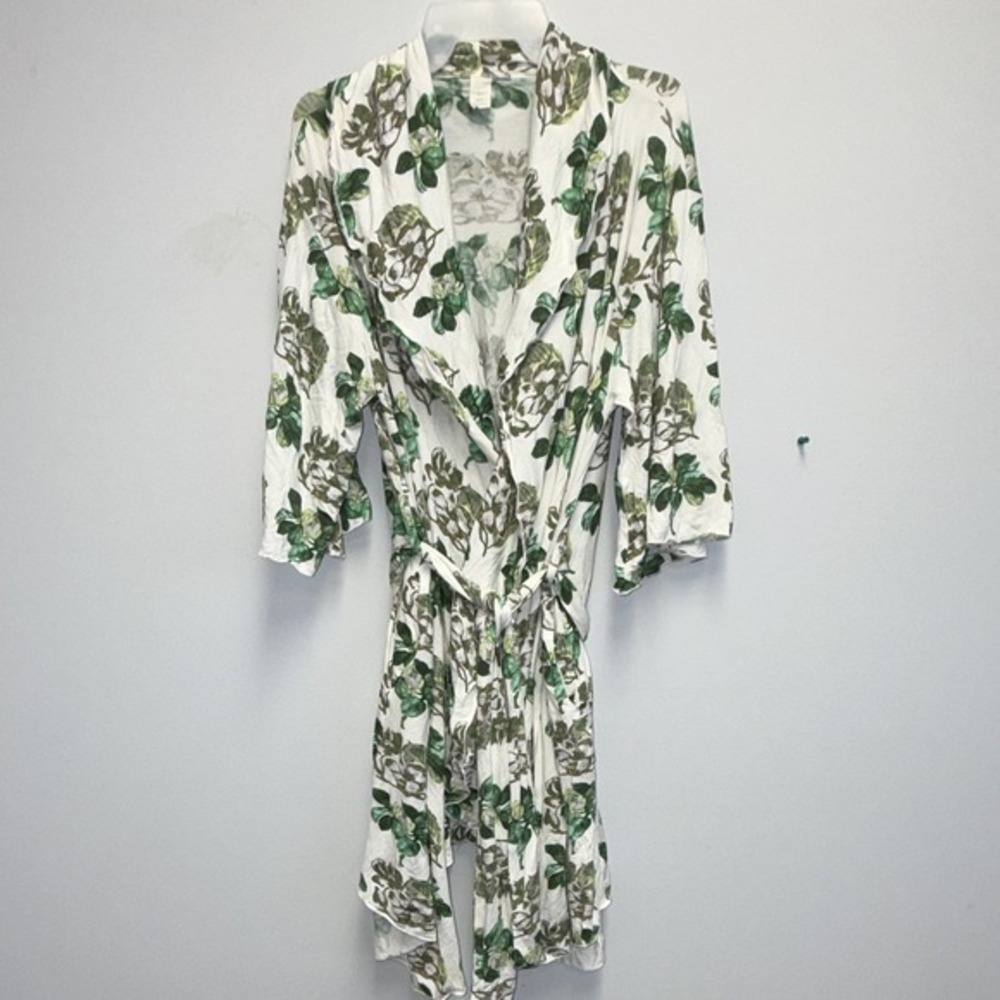The Woods by Kate Quinn Womens Robe M White Green Raccoon Wrap Tie Belt Modal